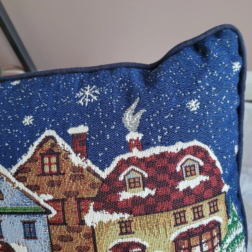 Two Christmas-Themed Tapestry Pillows Snowy Landscape Rectangle Blue Houses VTG
